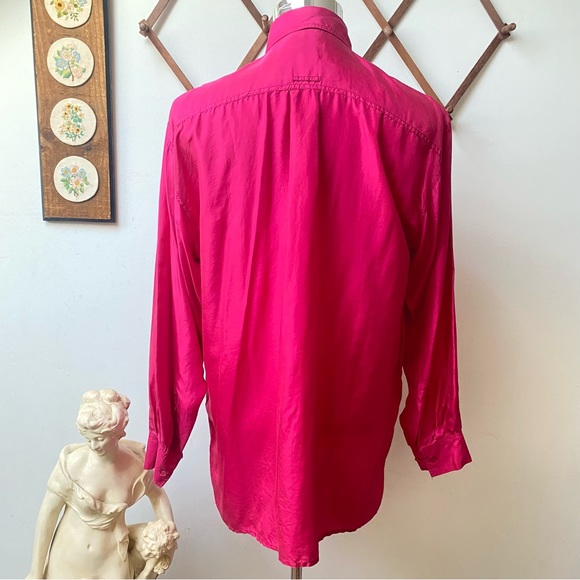 NWT 1980s Neon Pink Silk Two Pocket Button Up Shirt - Picture 7 of 14